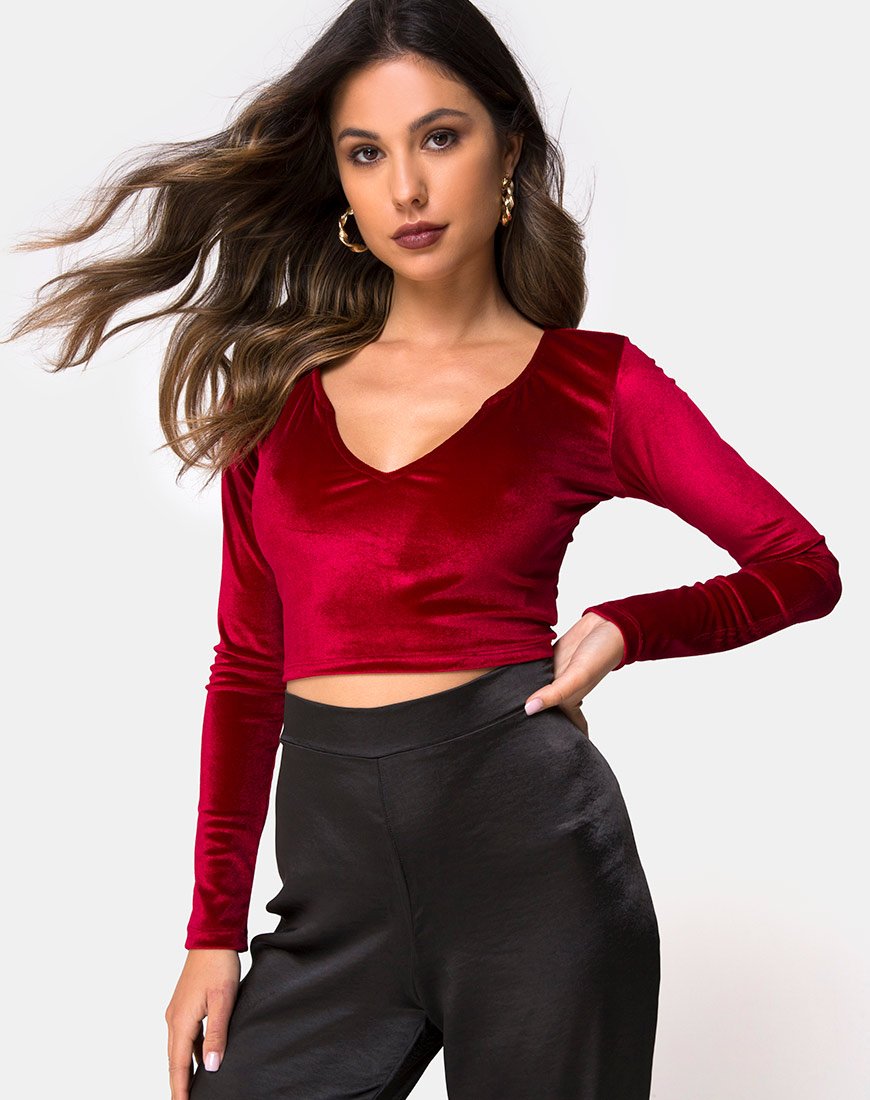 Guan Crop Top in Fluweel Bourgondië