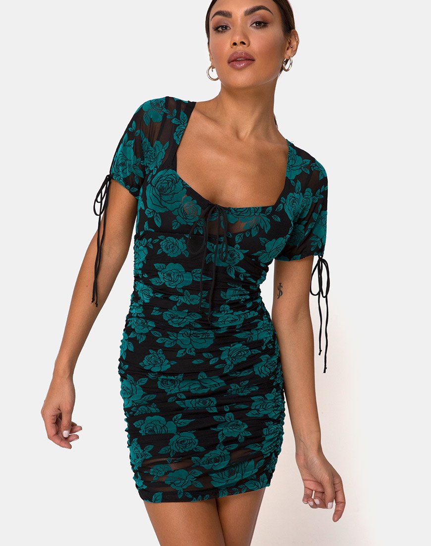 Afbeelding van Guenetta Mini Dress in Romantic Rose Flock Teal