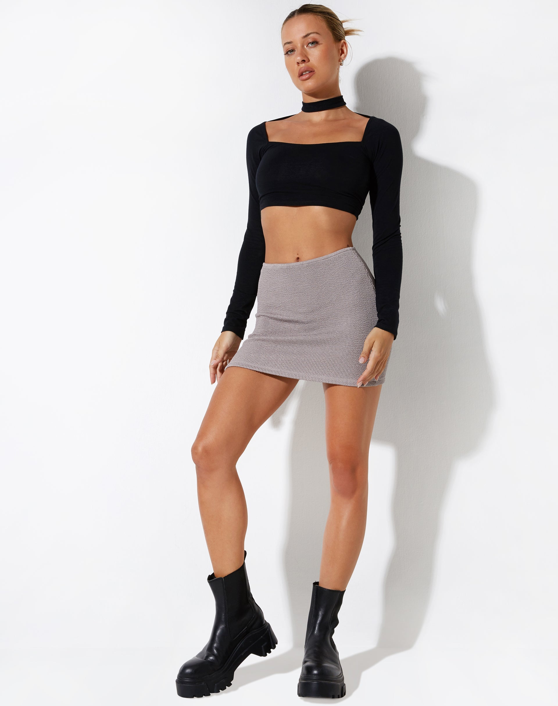 BEELD VAN Guida Mini Rok in Jaquard Rib Tan
