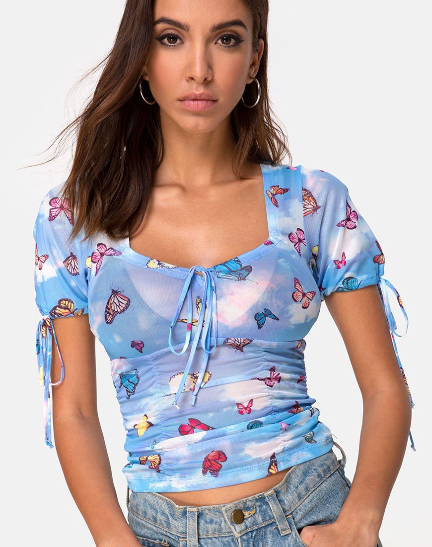 Guinevre Top Mesh Blauw Vlinder