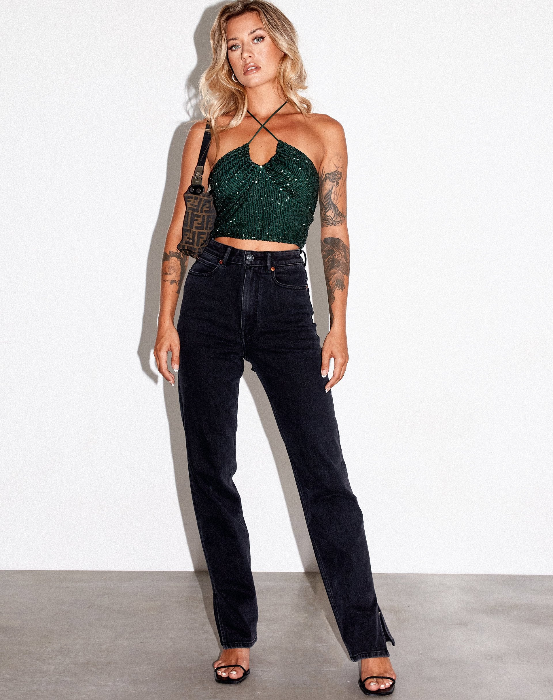 Afbeelding van Haltri Crop Top in Drape Pailletten Bosgroen