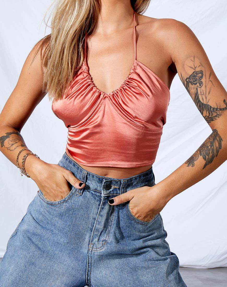 Afbeelding van Haltri Crop Top in Satijn Koraal