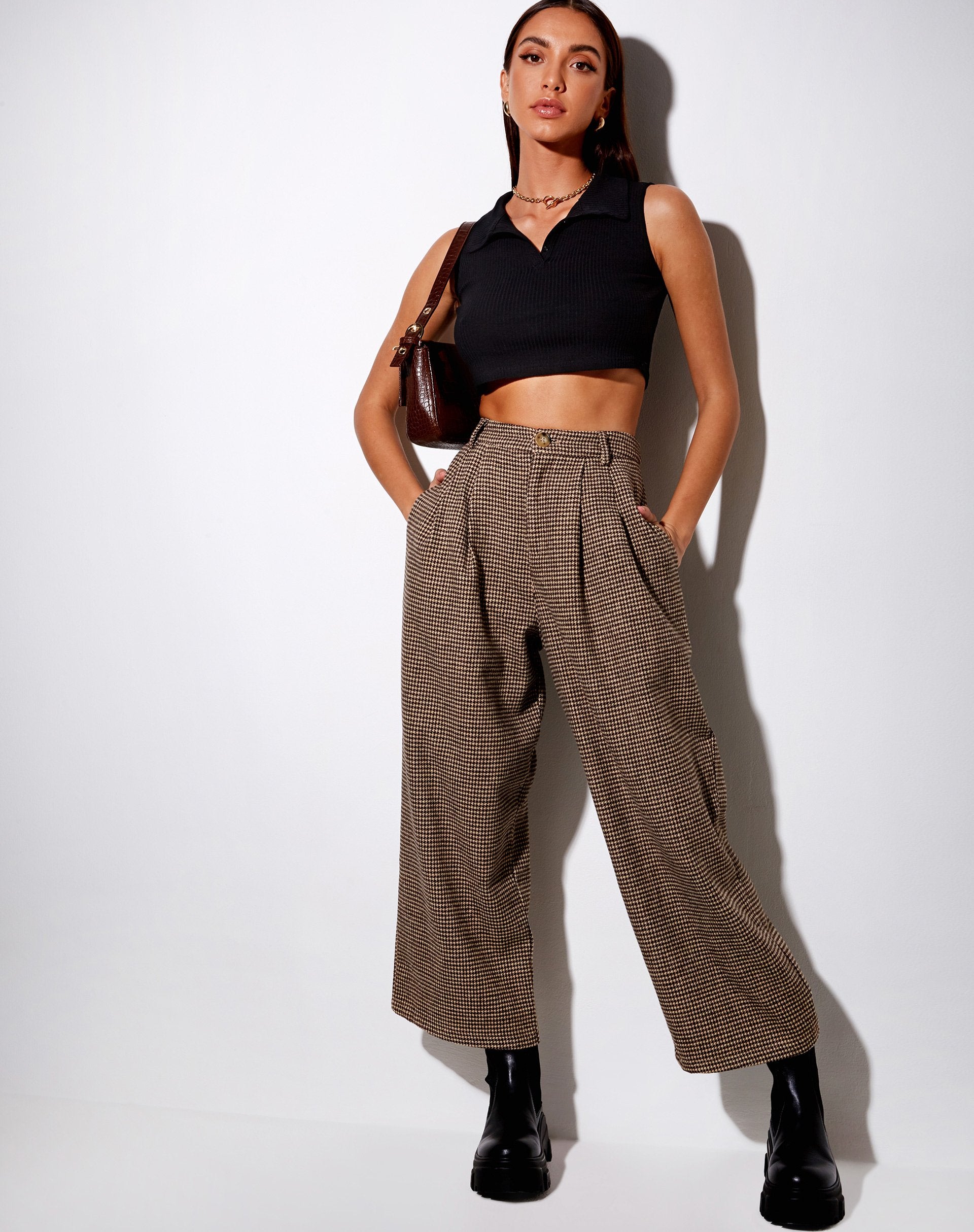 Afbeelding van Hatta Culotte Broek in Houndstooth Bruin