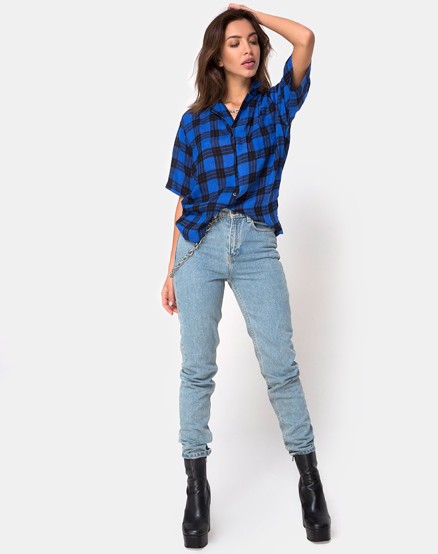 Afbeelding van Hawaiian Oversized Shirt in Tartan Blauw