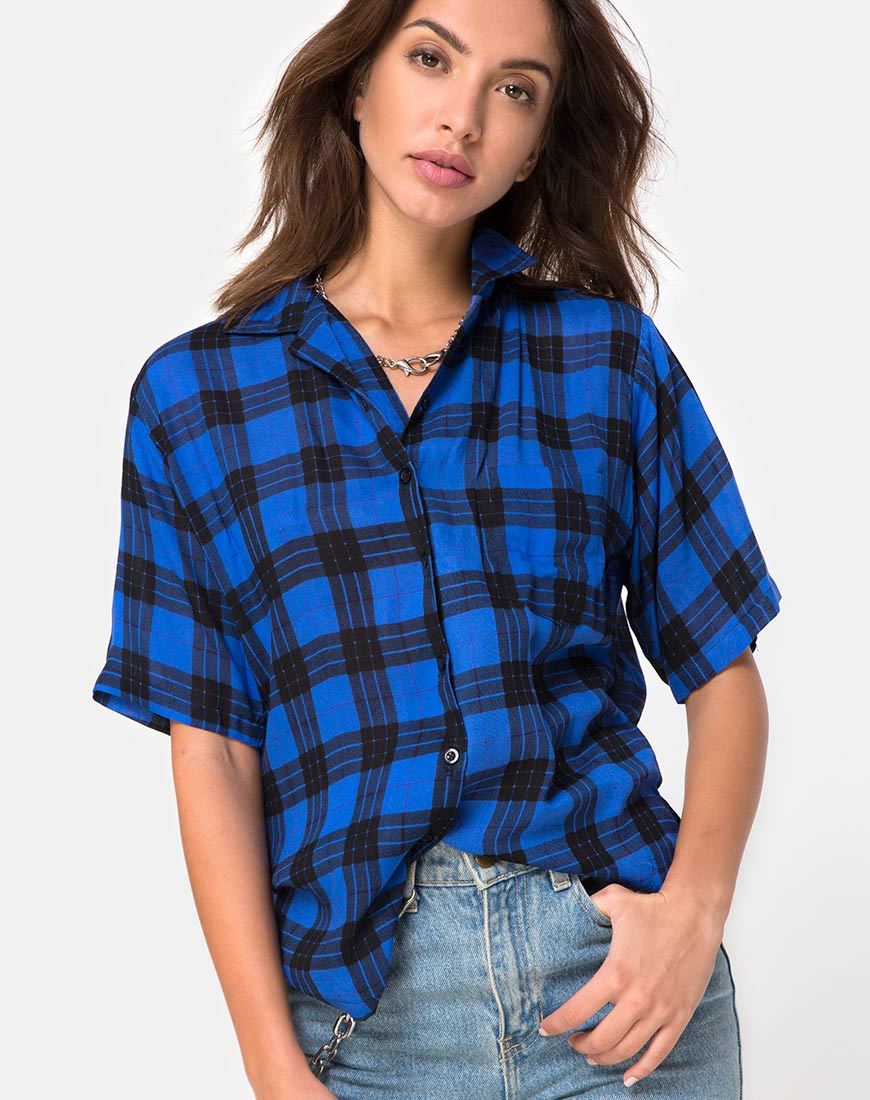 Afbeelding van Hawaiian Oversized Shirt in Tartan Blauw