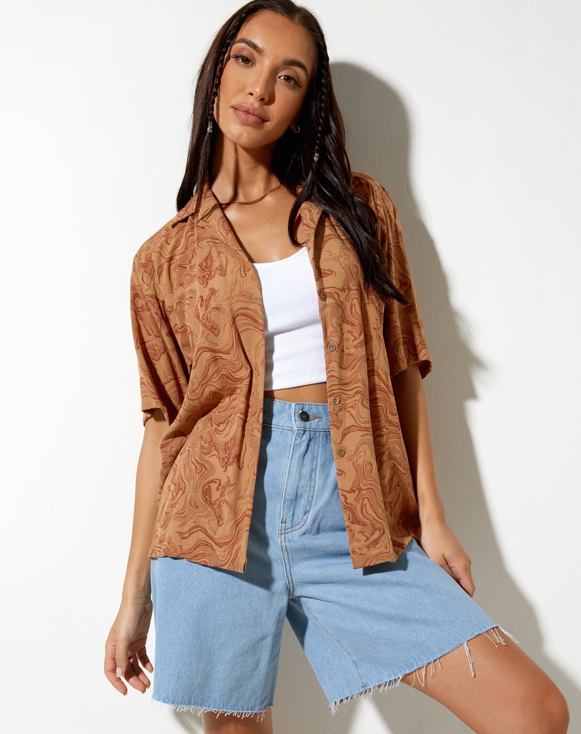 Afbeelding van Hawaiian Shirt in Fluid Marbling Brown