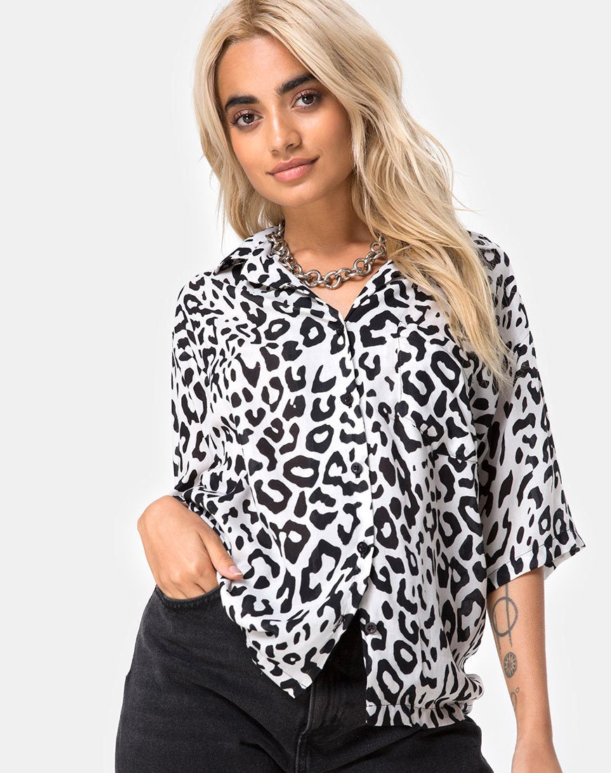 Hawaii shirt in mono dierlijk grijs en wit