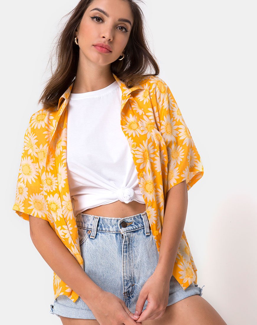 Hawaiaans shirt in zonnig geel gebloemd