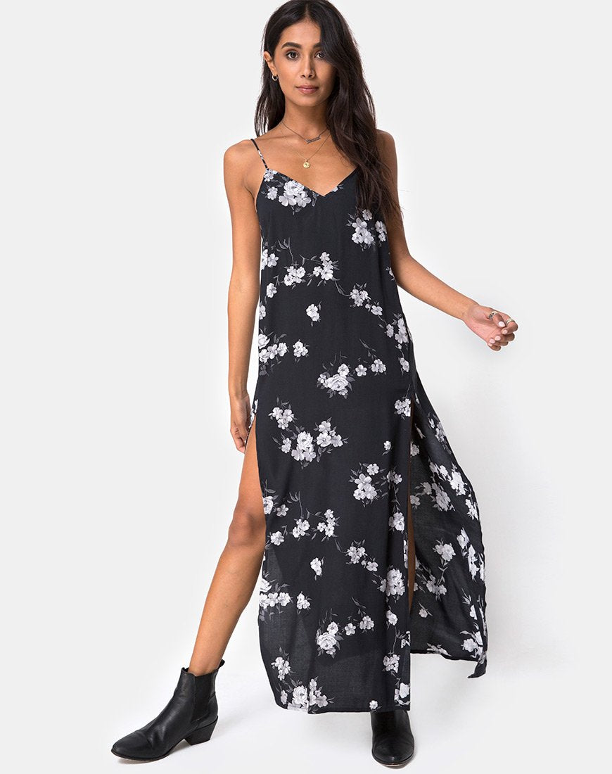 Hime Maxi Dress in Mono Flower Zwart