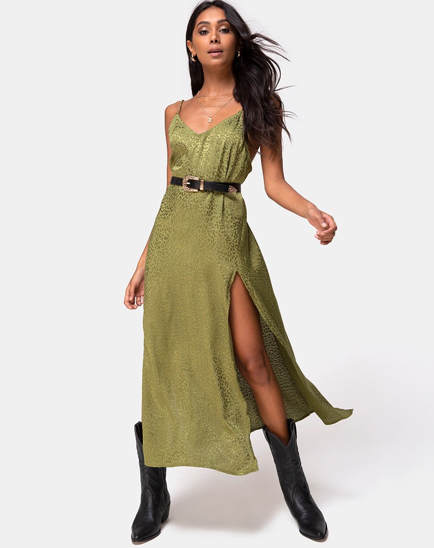 Hime Jurk in Satijn Cheetah Khaki