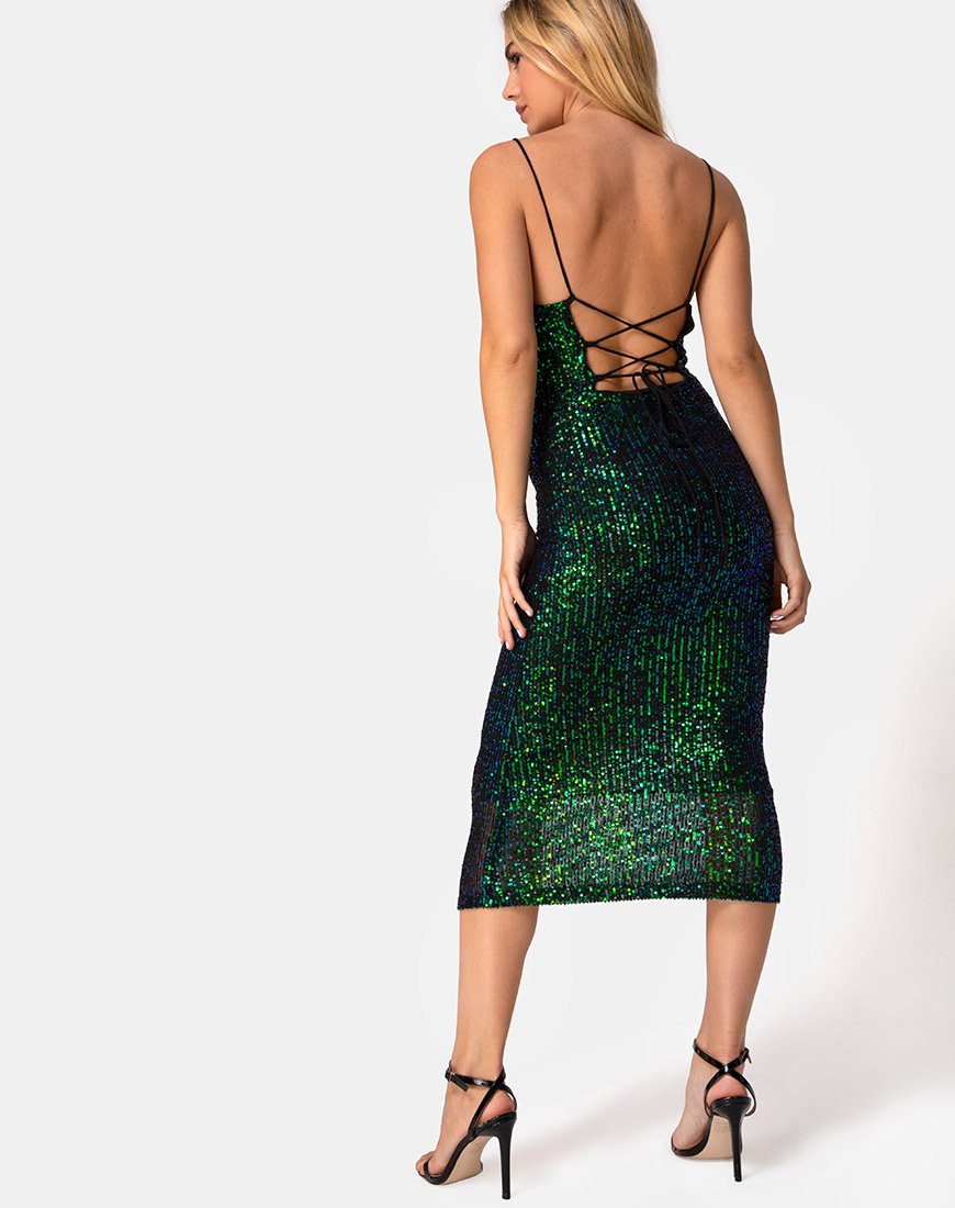 Afbeelding van Humia Midi Dress in Drape Net Sequin Iridescent Green