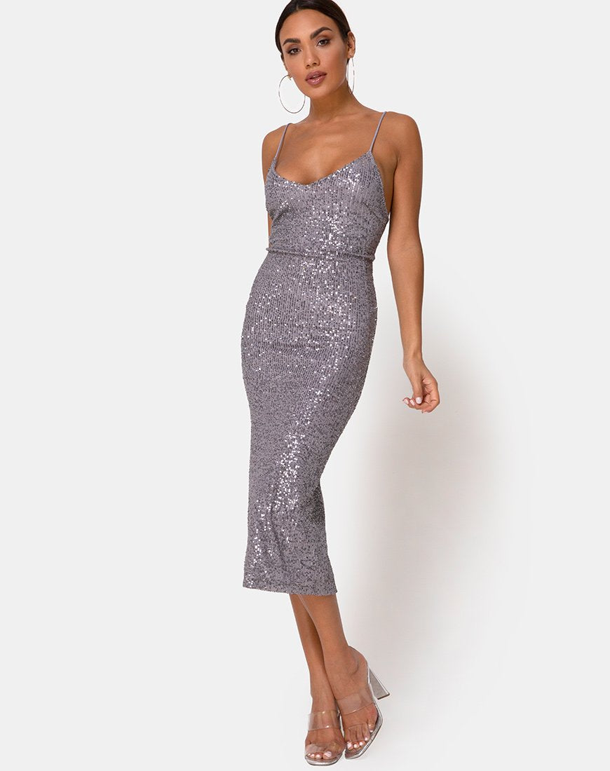 Humia Jurk in Drape Net Pailletten Zilver