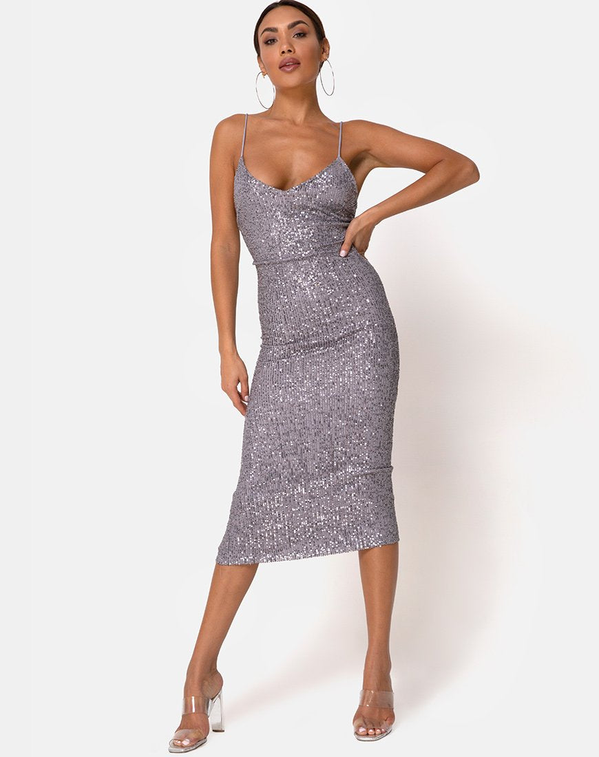 Afbeelding van Humia Jurk in Drape Net Pailletten Zilver