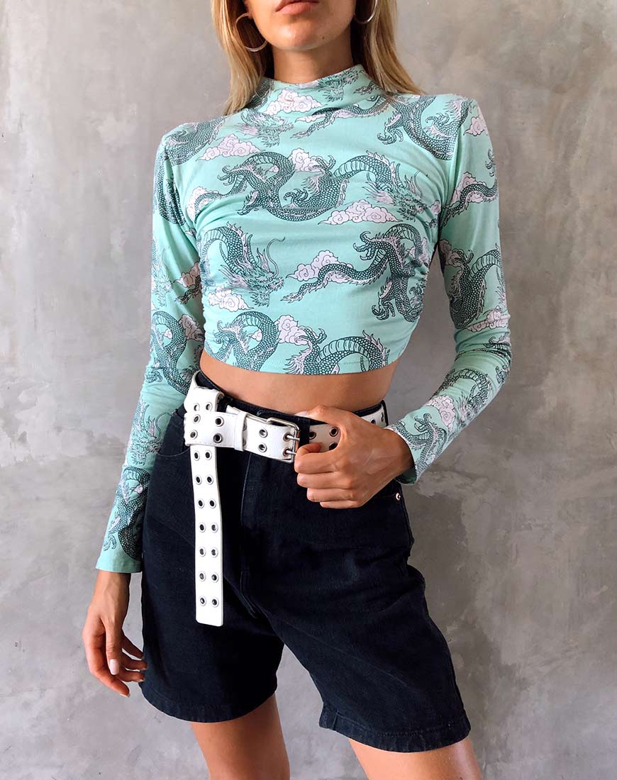 Quelia Gewatteerde Top in Chinese Draak Neo Mint