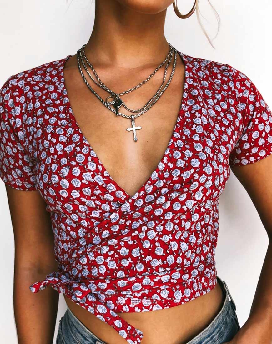 Bilen Top in Ditsy Rose Rood en Zilver