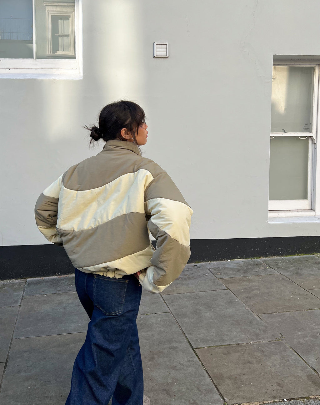 Renee Puffa Jacket in geruit crèmekleurig en taupe