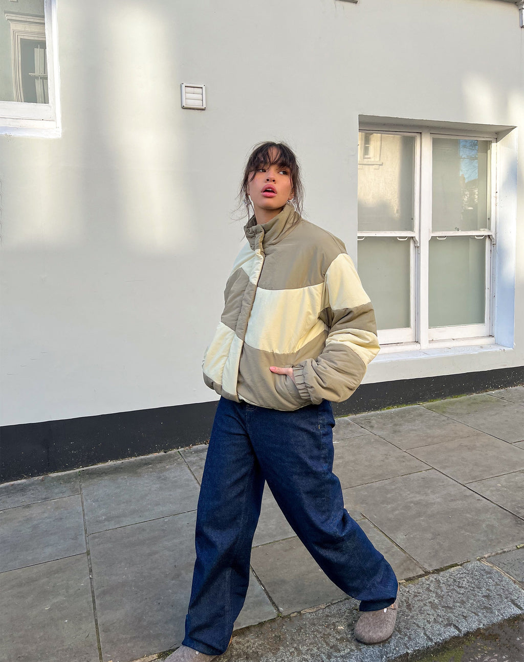 Renee Puffa Jacket in geruit crèmekleurig en taupe