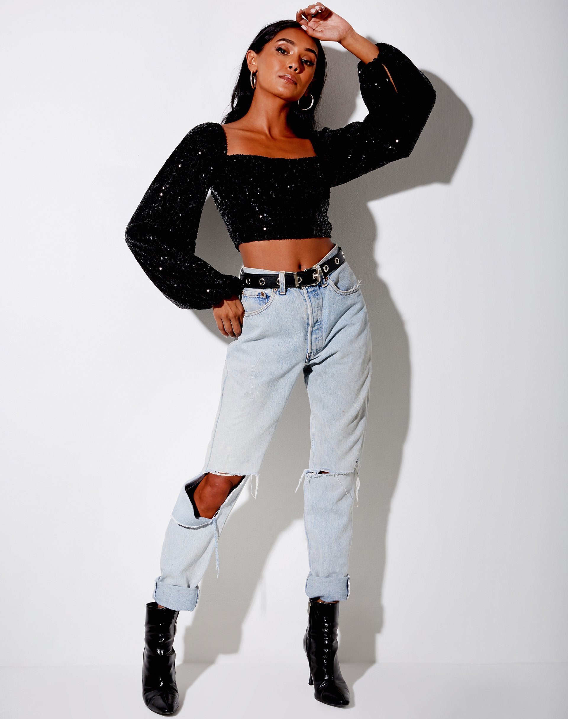 Afbeelding van Irene Crop Top in Drape Pailletten Zwart