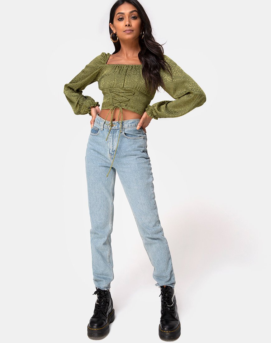 Afbeelding van Iris Crop Top in Satijn Cheetah Khaki