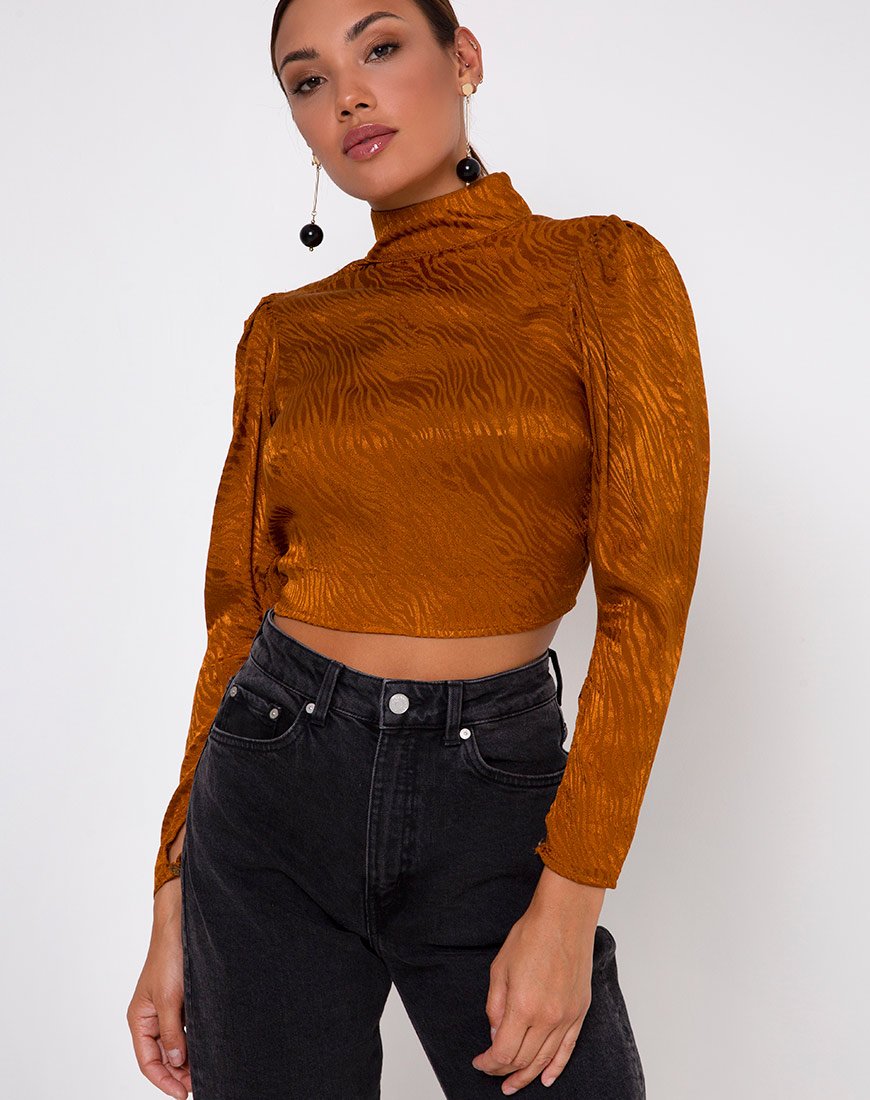 Jasty Crop Top in Satijn Zebra Goud Koraal