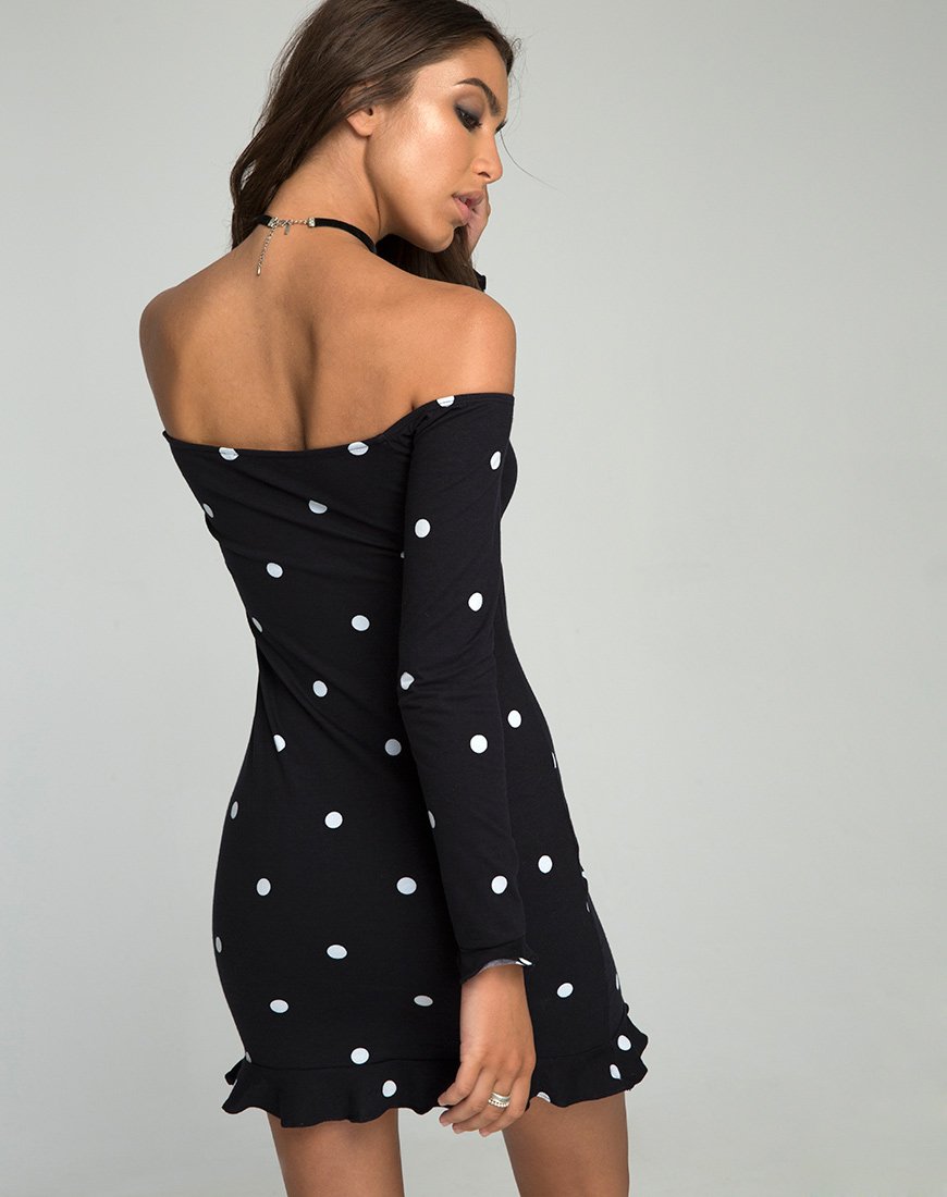 Jazzie Off the Shoulder Jurk in Polkadot Zwart-Wit