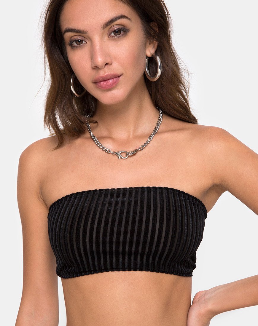 Tube Top in fluweel Sheer Stripe Zwart X Princess Polly