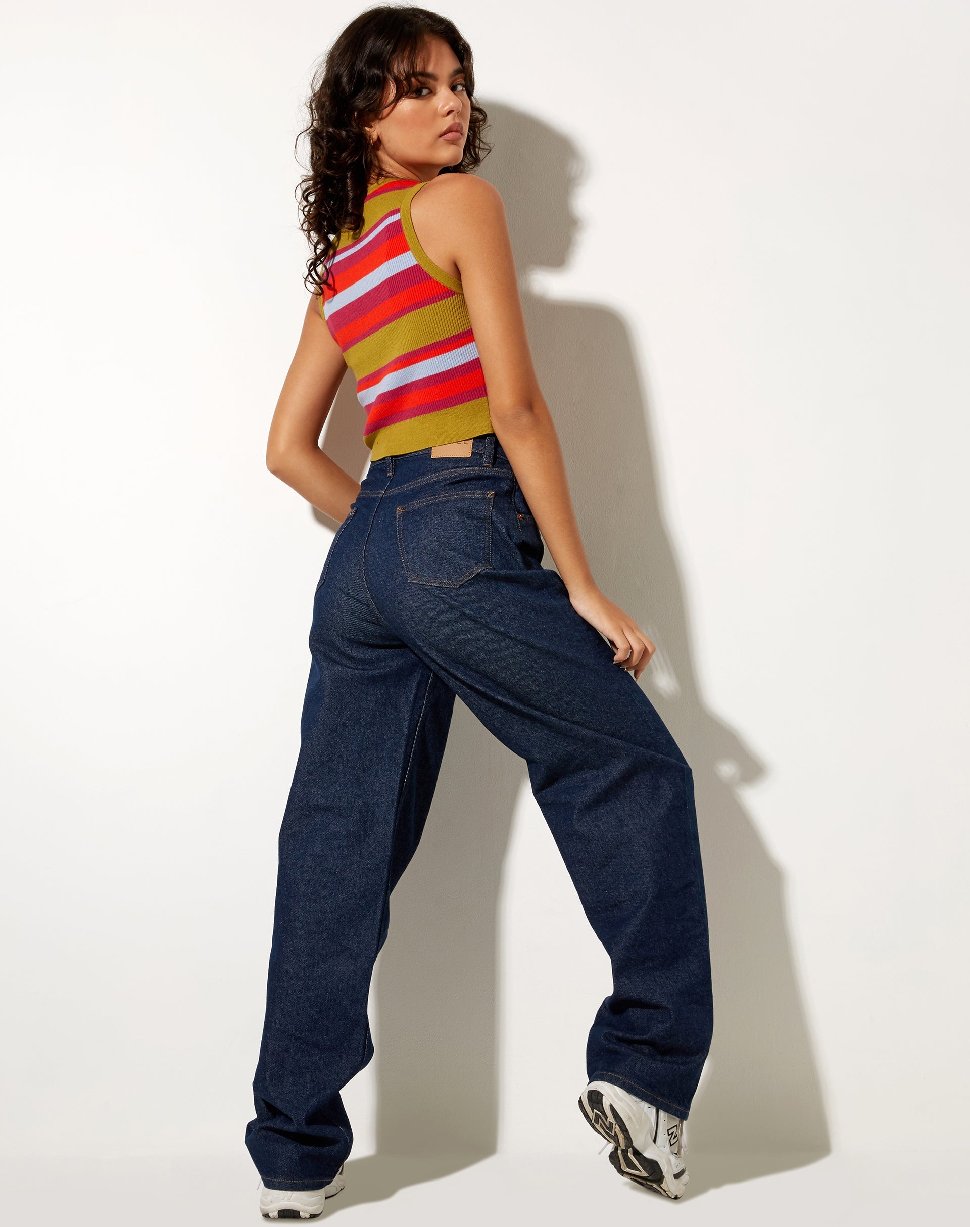 Afbeelding van Jiony Vest Top in Stripe Palm Oranje Paars en Blauw