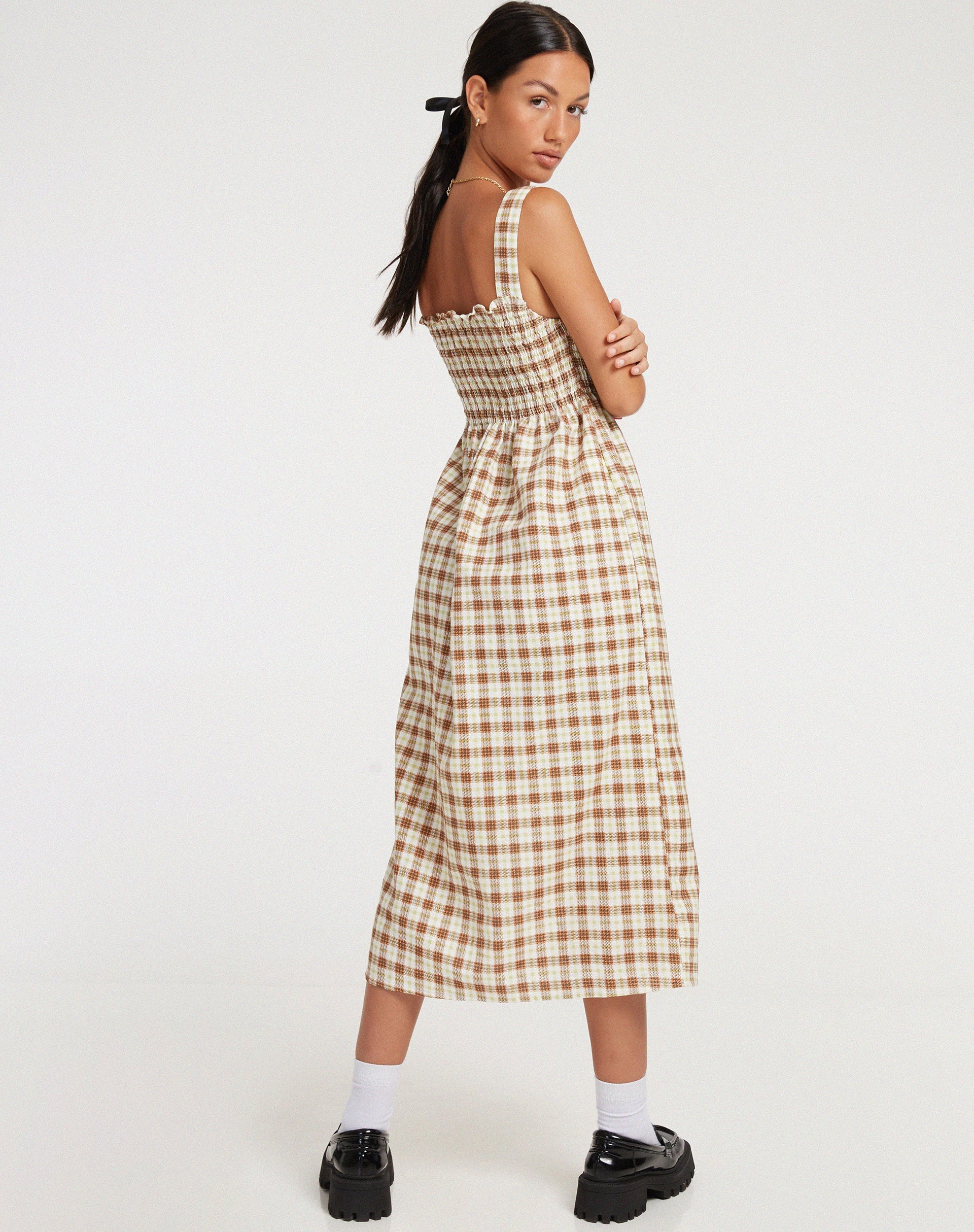 Afbeelding van Jocasta Midi Dress in Geel en Bruin Ruitje