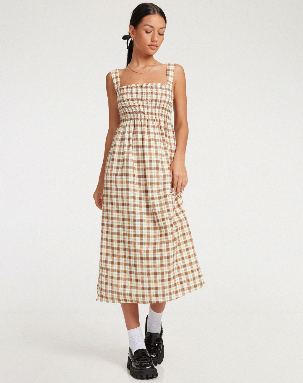 Jocasta Midi Dress in Geel en Bruin Ruitje