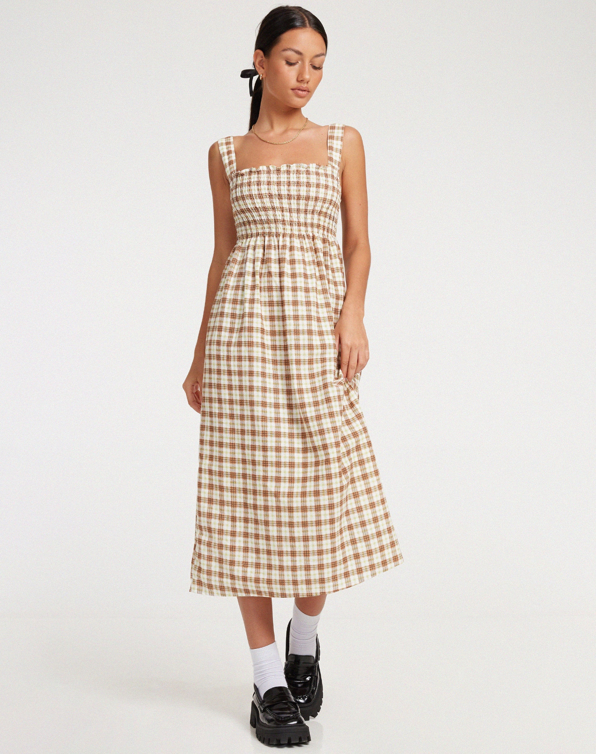 Afbeelding van Jocasta Midi Dress in Geel en Bruin Ruitje
