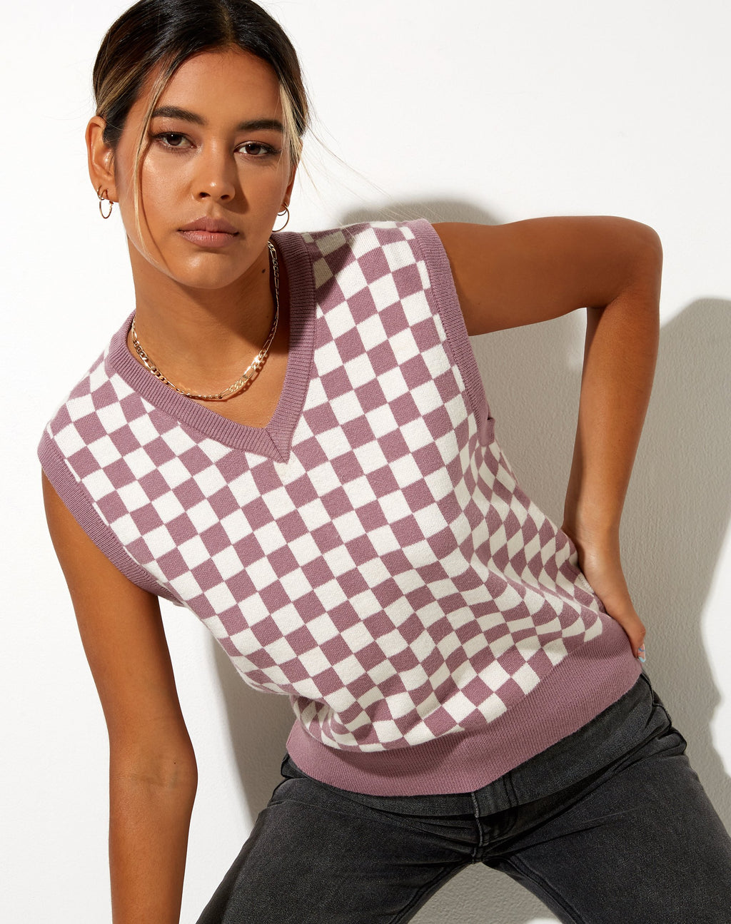 Joker Vest Top in gebreide ruit Lila Crème