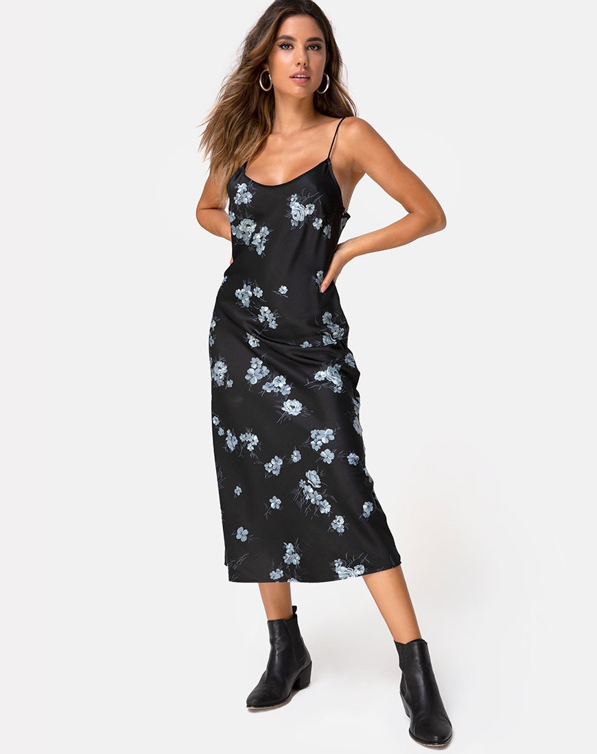 Julia Maxi Dress in Mono Flower Zwart Satijn
