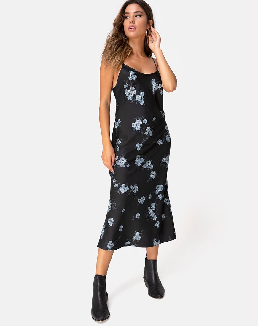 Afbeelding van Julia Maxi Dress in Mono Flower Zwart Satijn