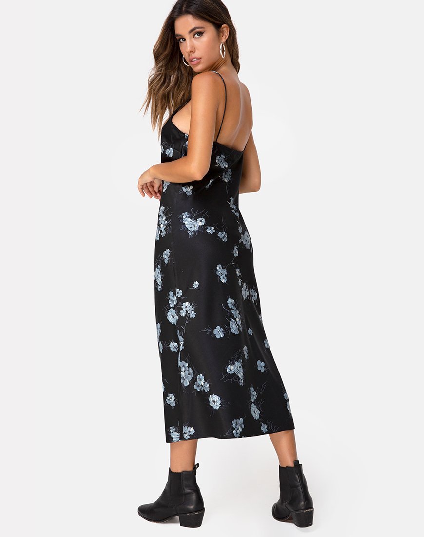Julia Maxi Dress in Mono Flower Zwart Satijn