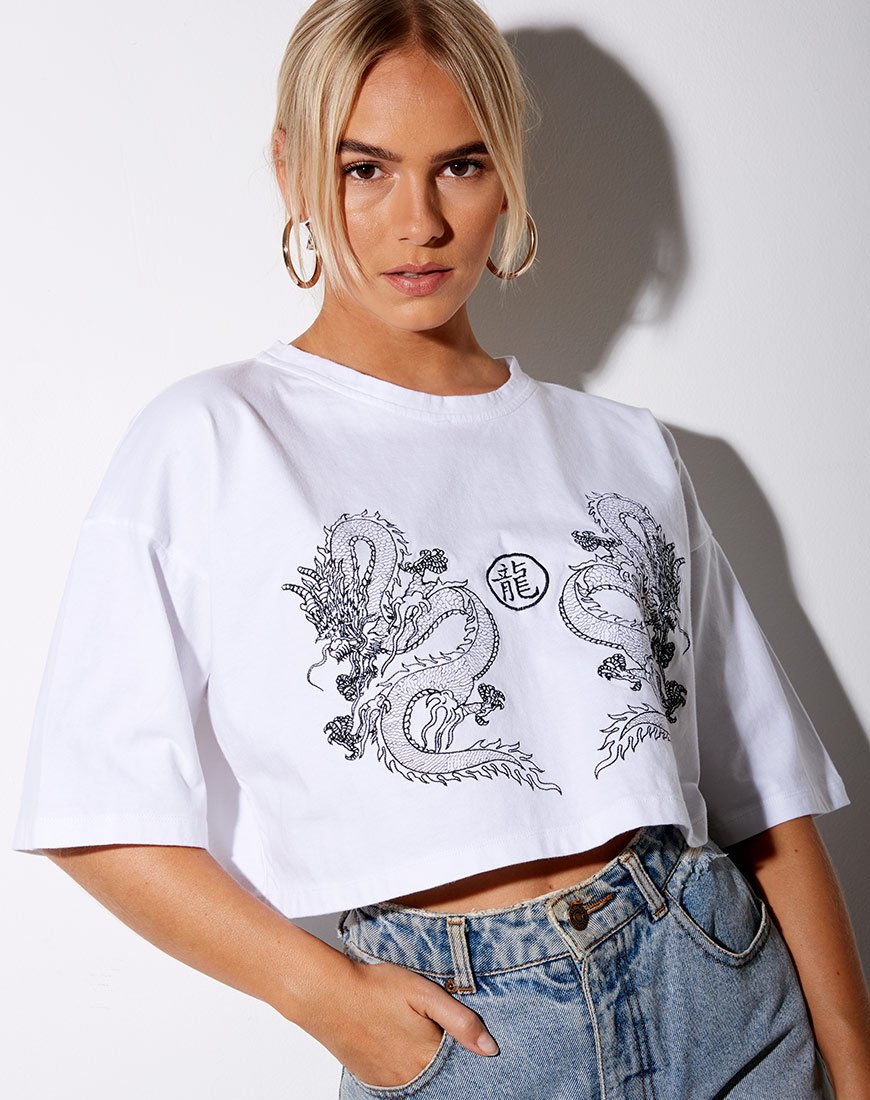 Afbeelding van Kai T-shirt in wit Yin Yang draak borduurwerk