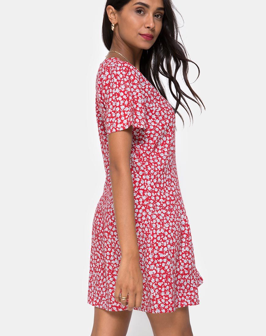 Kalea Jurk in Ditsy Rose Rood en Zilver
