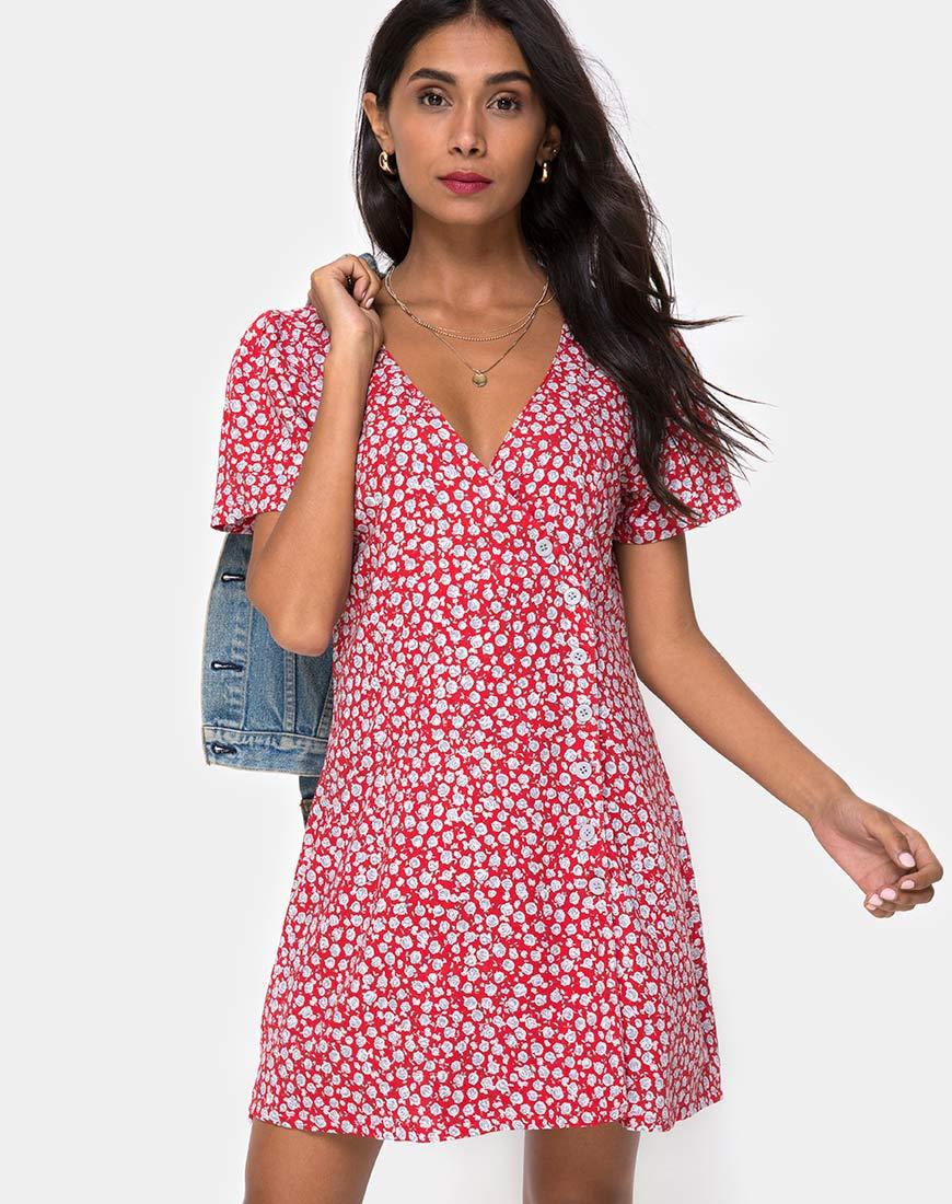 Kalea Jurk in Ditsy Rose Rood en Zilver