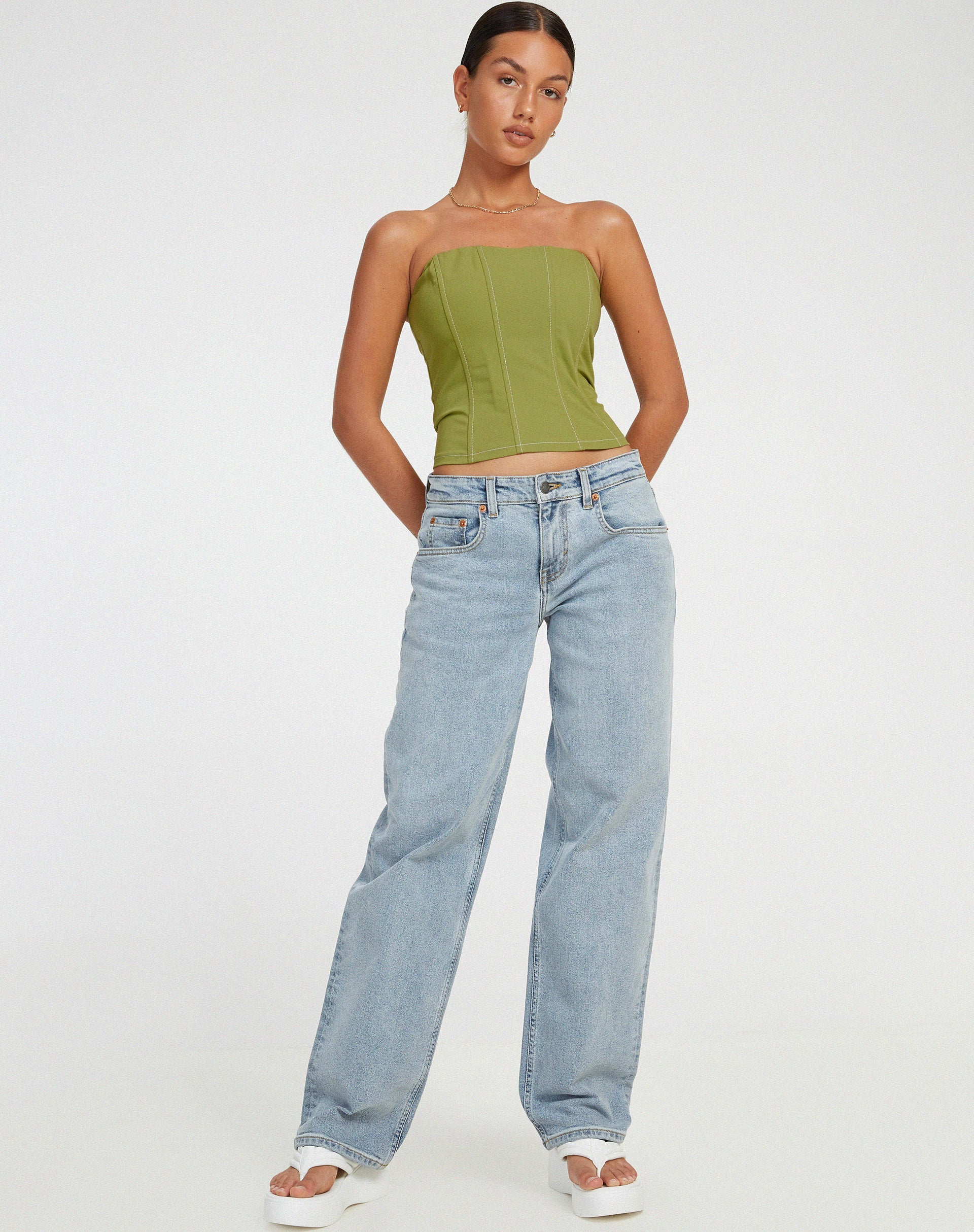 Afbeelding van Kansa Corset Top in Peergroen met Witte Steek