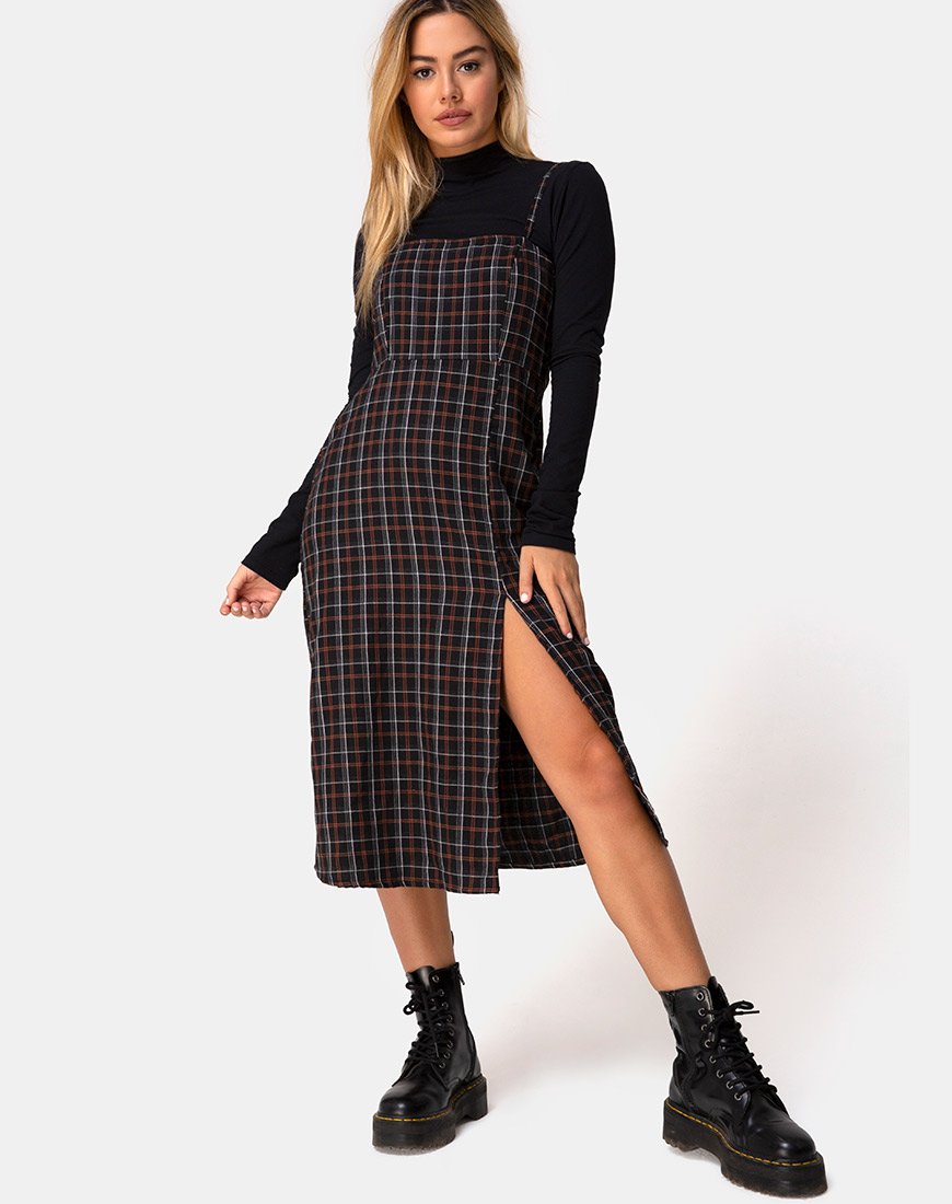 Afbeelding van Kaoya Midi Dress in Check Zwart en Oranje