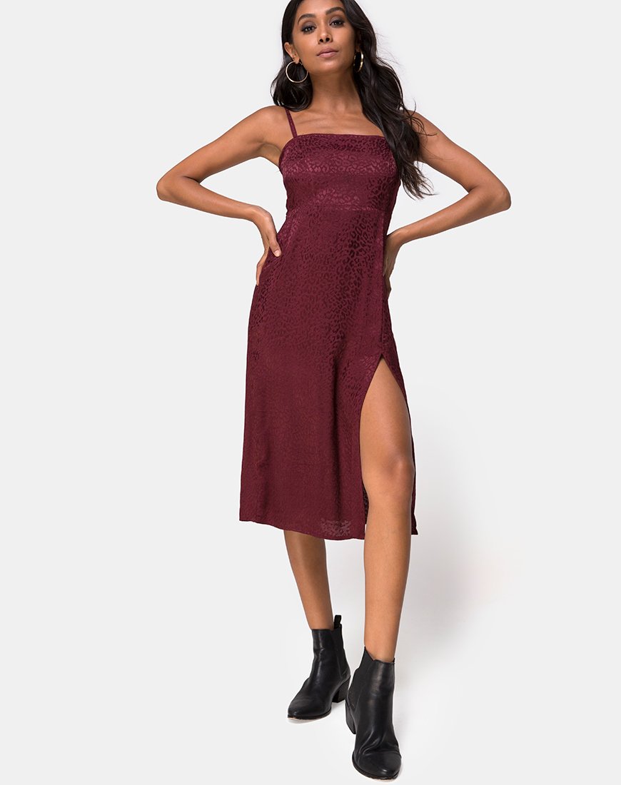 Afbeelding van Kaoya Midi Dress in Satin Cheetah Burgundy