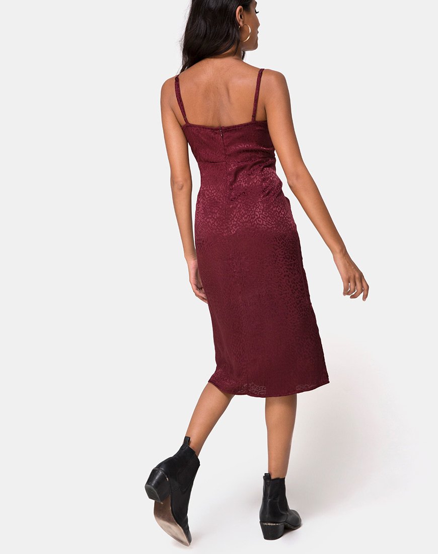 Kaoya Midi Dress in Satijn Cheetah Bourgondië