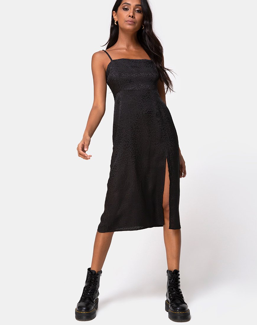 Afbeelding van Kaoya Midi Dress in Satijn Cheetah Zwart