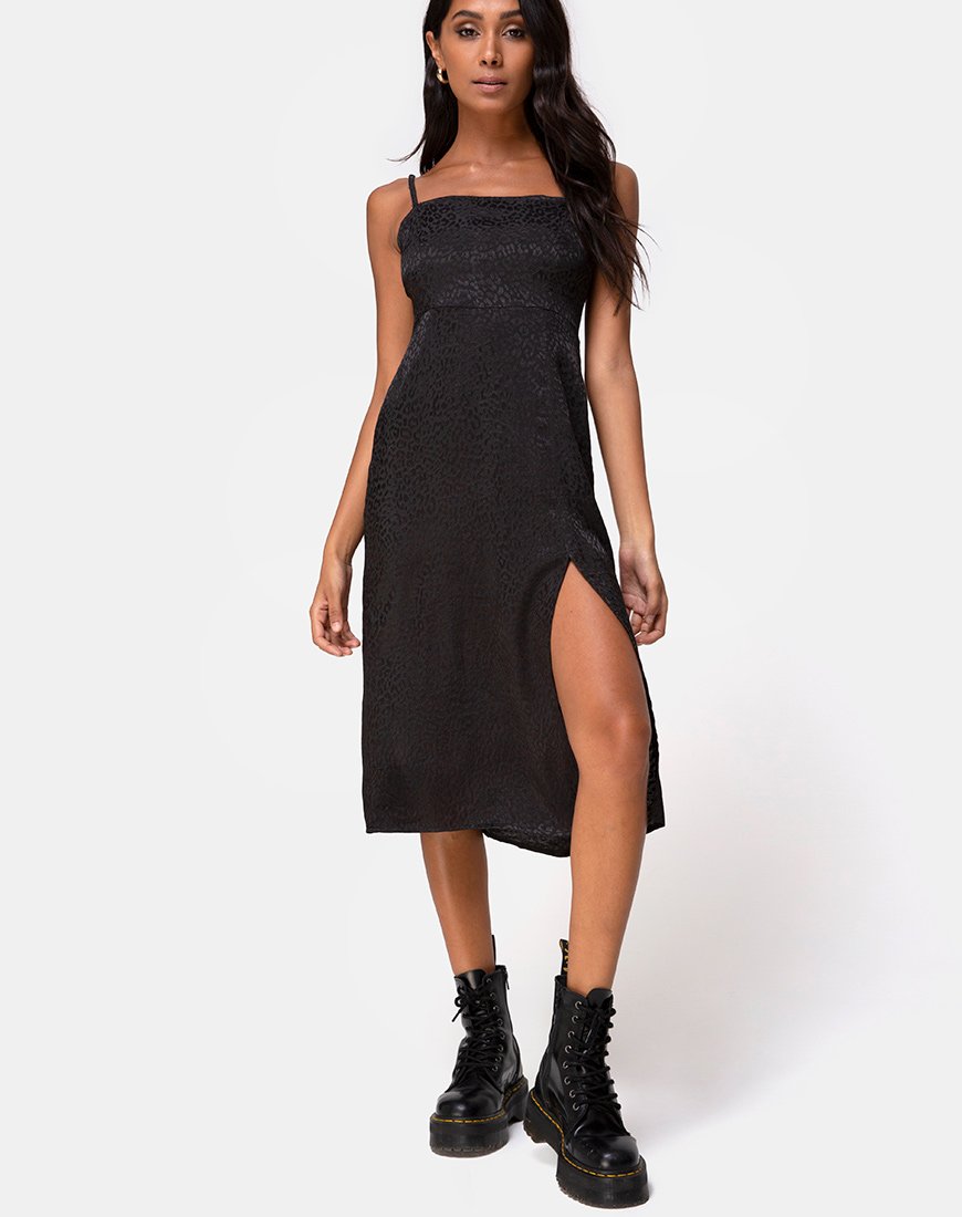 Afbeelding van Kaoya Midi Dress in Satijn Cheetah Zwart