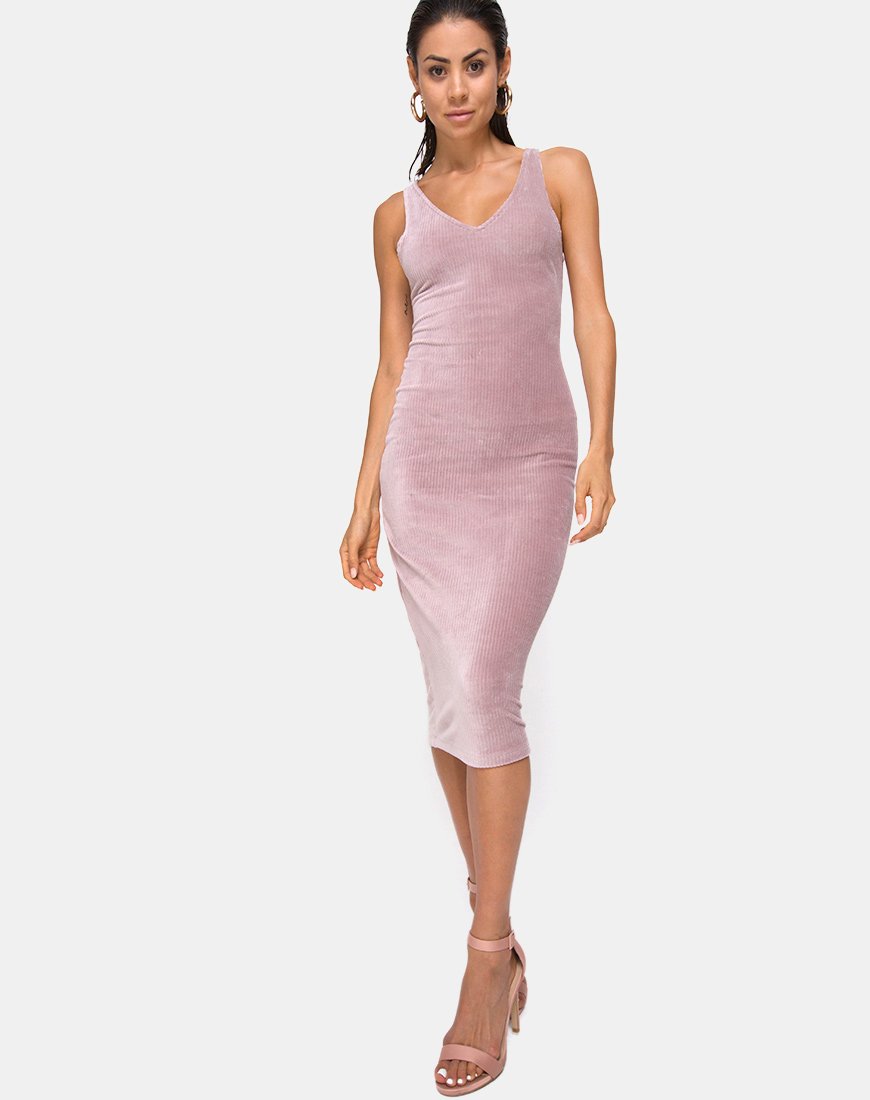 Kardie Midi Dress in Fluwelen Rib Taupe