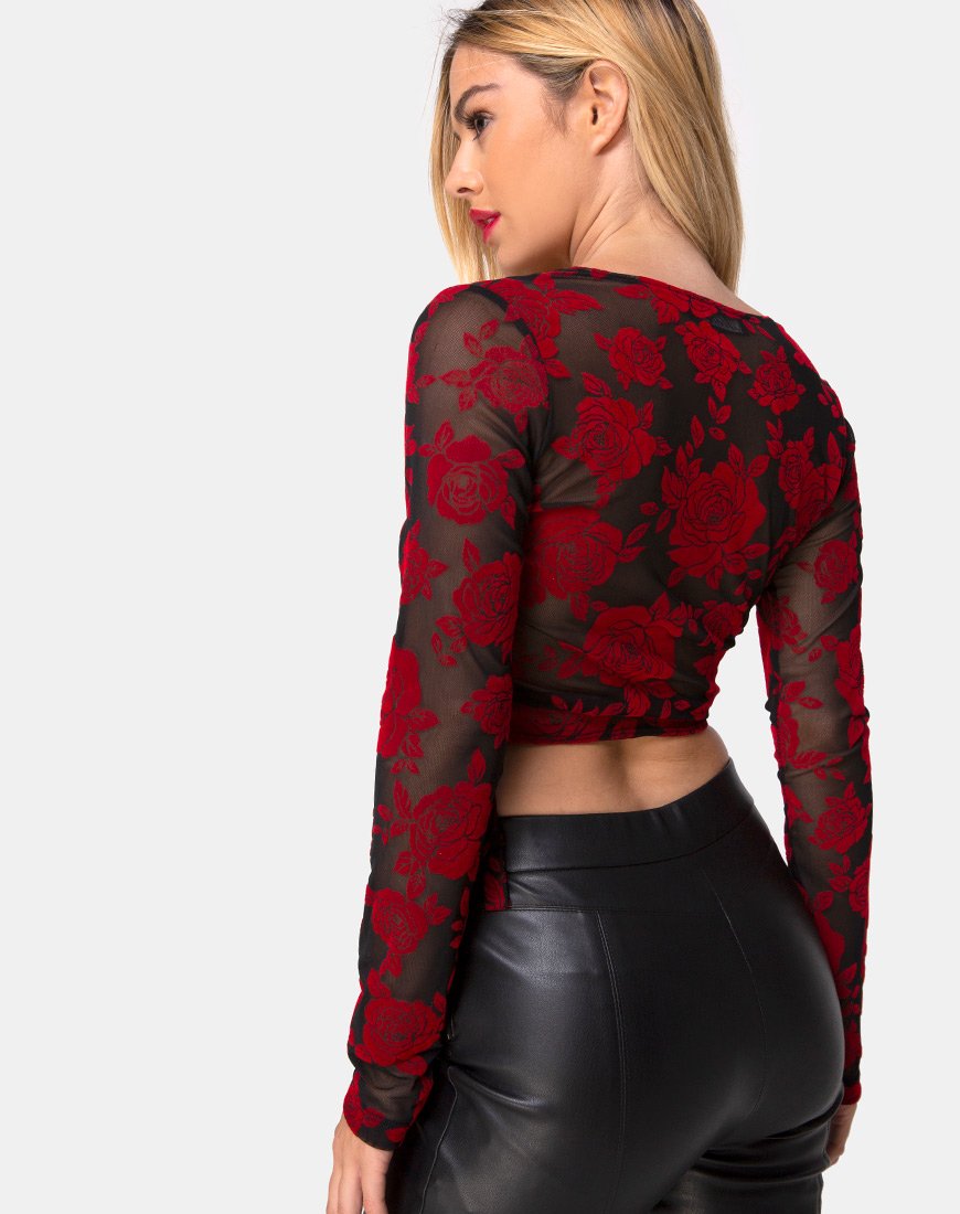 Afbeelding van Kayak Wrap Top in Romantic Red Rose Flock