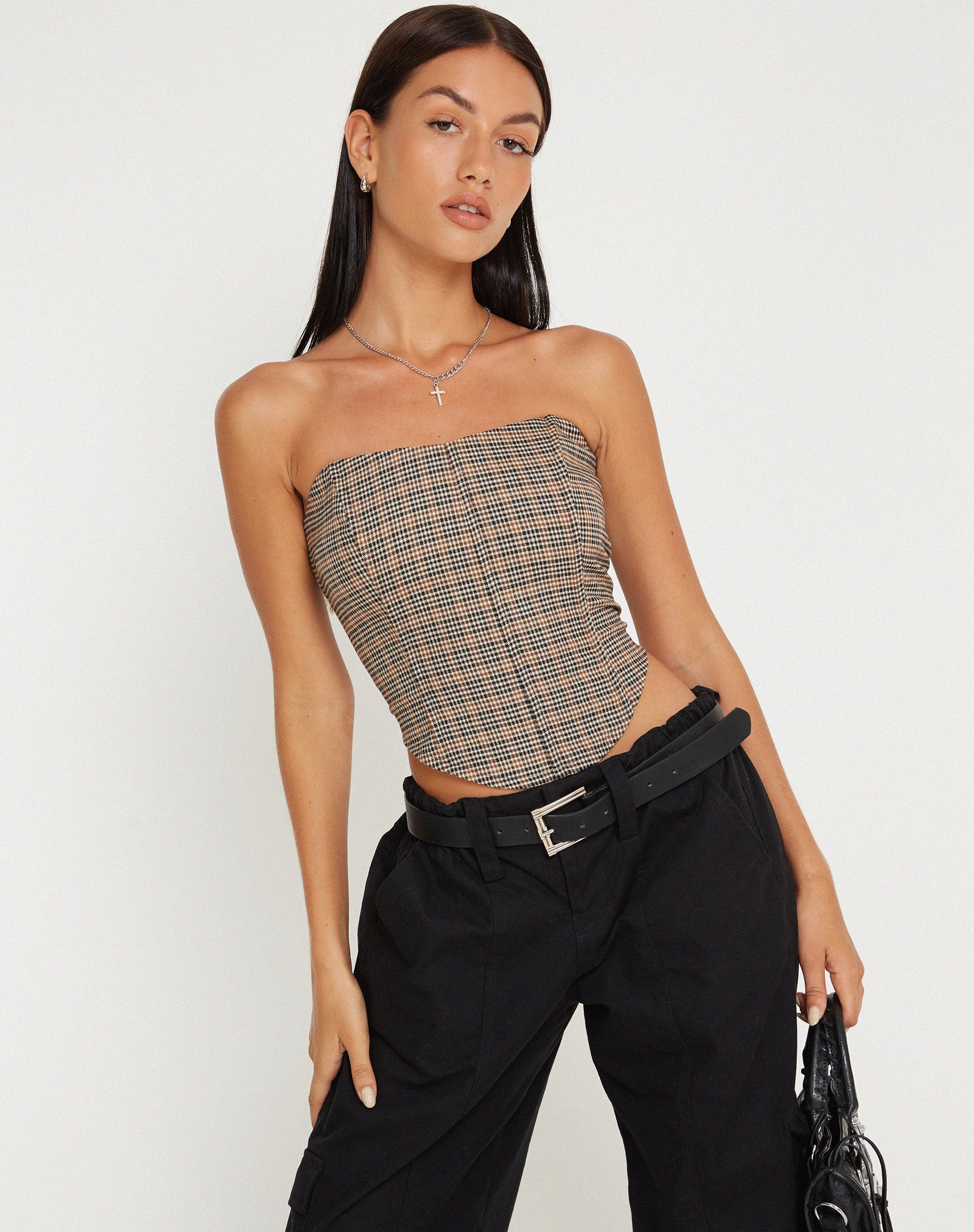 Afbeelding van Kayashi Corset Top in Micro Bruin Ruitje