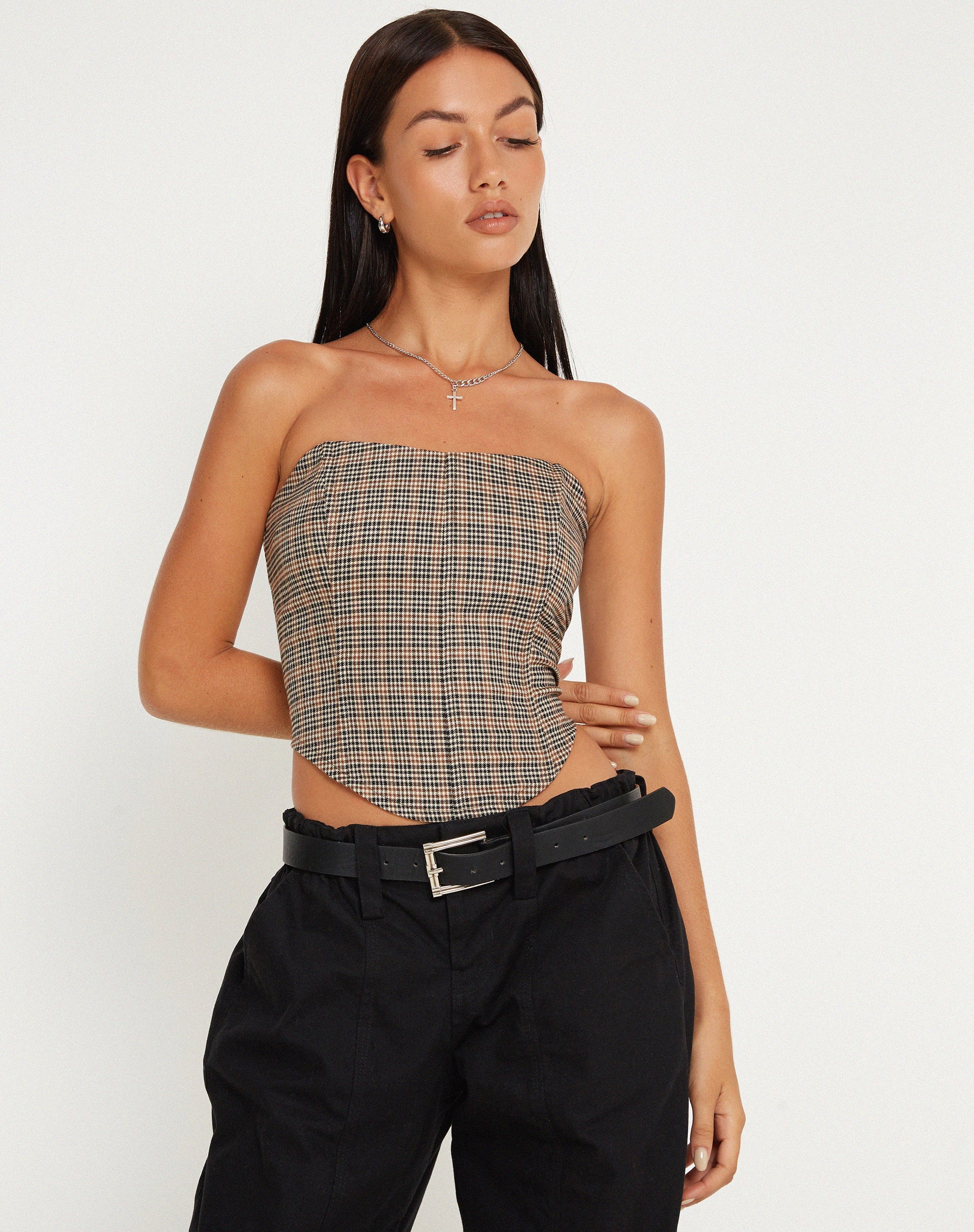 Afbeelding van Kayashi Corset Top in Micro Bruin Ruitje