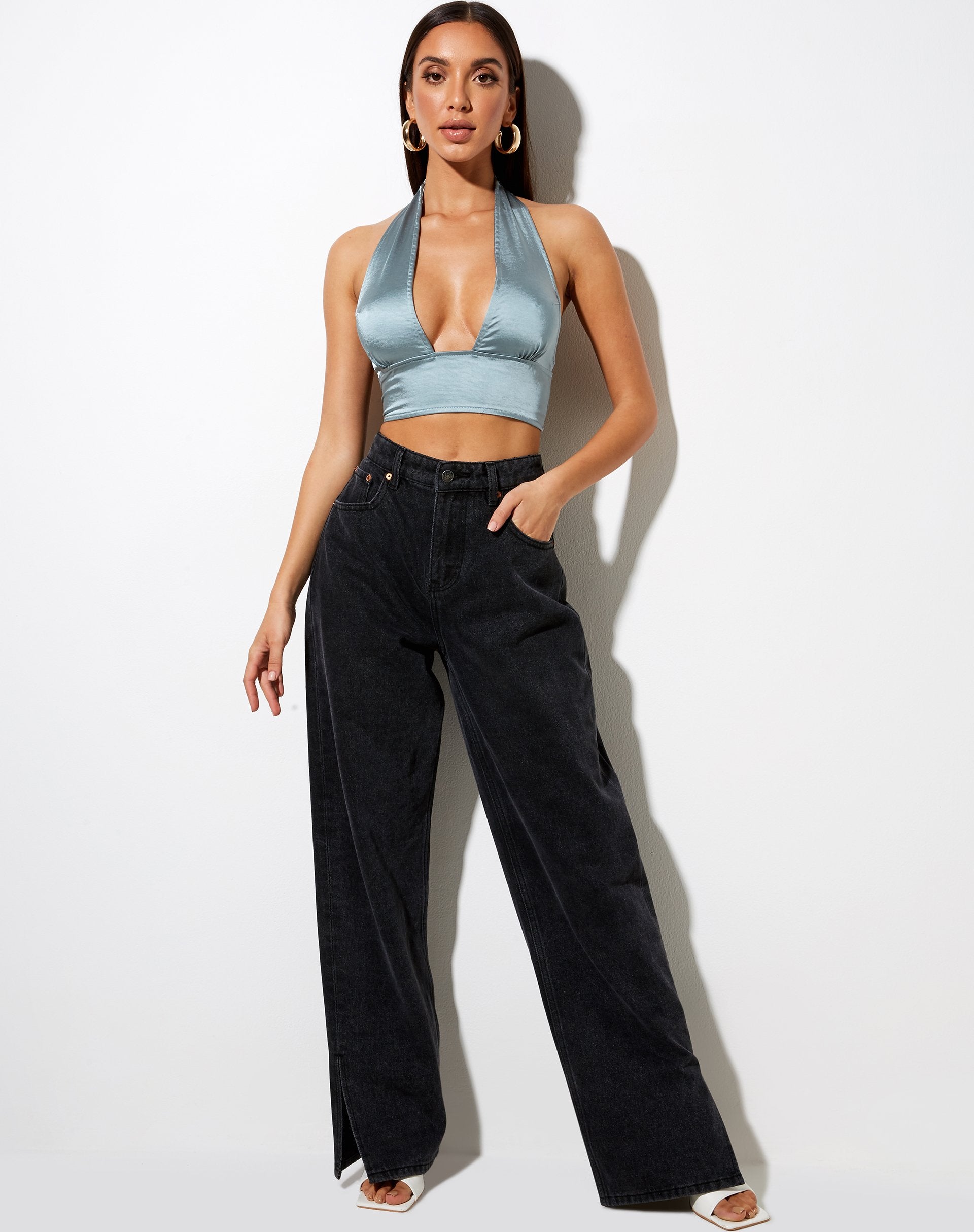 Afbeelding van Keiza Crop Top in Satijn Zilverblauw