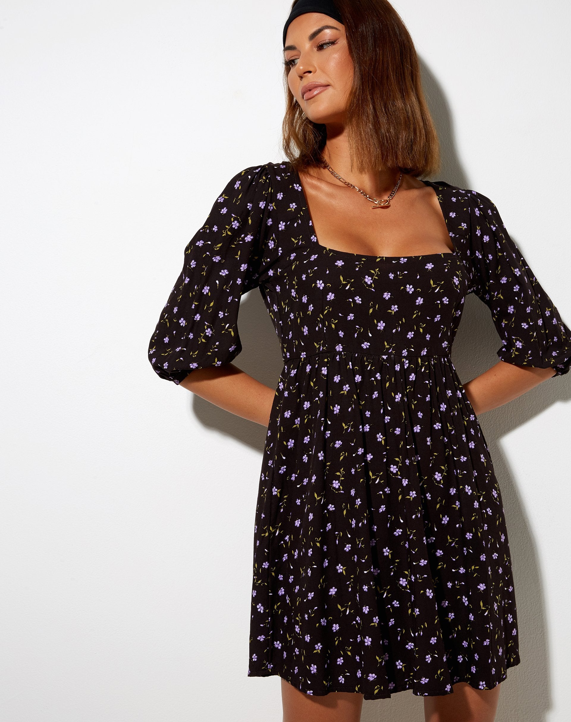 Afbeelding van Kezie Skater Dress in Pretty Petal Coffee and Purple