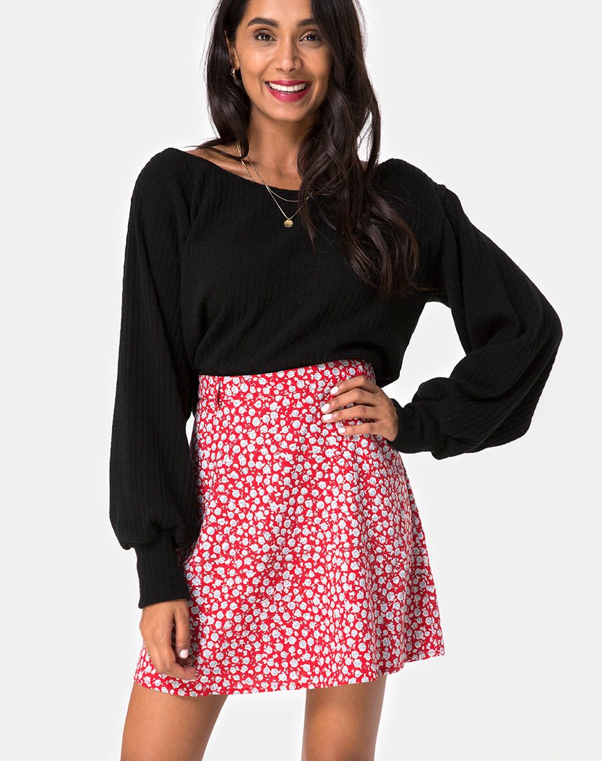 Kheb A-lijn rok in Ditsy Rose Rood en Zilver